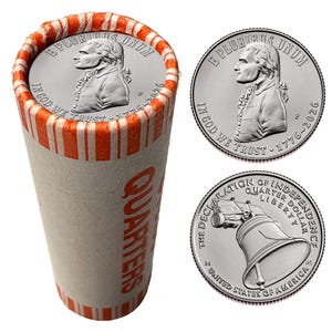 May include: A cylindrical paper roll of United States quarters with orange striped ends, alongside two individual coins. One coin shows Thomas Jefferson with the text E PLURIBUS UNUM, IN GOD WE TRUST, and 1776-2026. The other shows the Liberty Bell.
