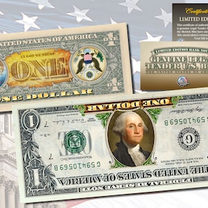 May include: A limited edition one dollar bill with a portrait of George Washington and the text "THE UNITED STATES OF AMERICA" and "ONE DOLLAR". The bill is a collectible work of art and is a genuine legal tender U.S. bill.