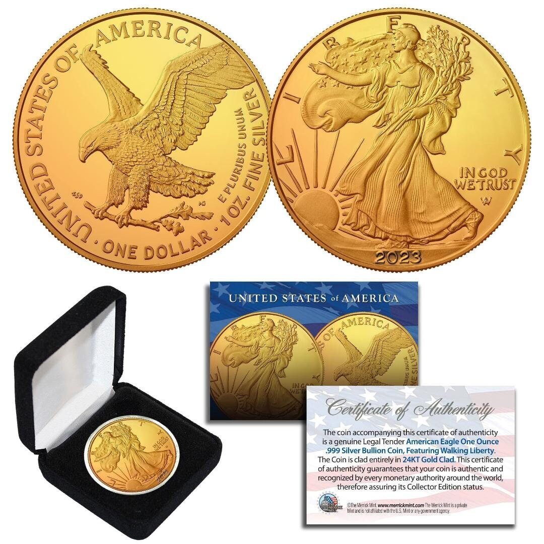 24K Gold Gilded 2023 American Silver Eagle 1 Oz .999 Coin W/ Box Fast ...