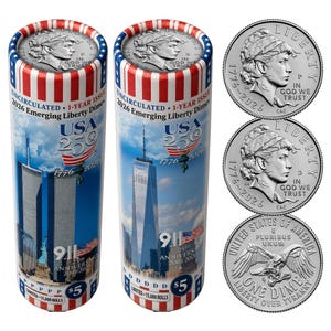 Puede incluir: Dos rollos de monedas cilíndricos con diseños patrióticos en rojo, blanco y azul, con imágenes de las Torres Gemelas y el One World Trade Center. El texto dice 2026 Emerging Liberty Dimes y 9/11 25th Anniversary. Se muestran tres monedas.