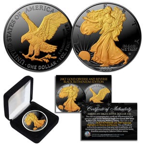 2025 zwart rutheniumverguld met 24-karaats gouden accenten 1 oz .999 puur zilveren American Eagle-munt met vilten muntautomaat