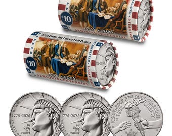 May include: Two cylindrical coin rolls labelled 2026 Enduring Liberty Half Dollars with a $10 value, featuring a historical scene and red, white, and blue stripes. Three silver half dollar coins show the Statue of Liberty and a torch design.