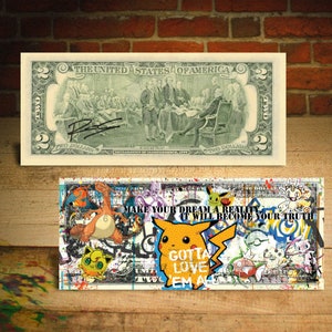 POKEMAN Pop Art Genuine 2 Dollar Bill Signed by Rency - Ships Fast. Free to US