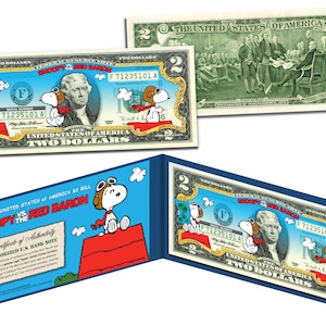 PEANUTS SNOOPY ""Red Baron"" Echtes gesetzliches Zahlungsmittel US Zwei Dollarschein - Schneller & kostenloser Versand!"