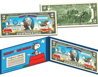 PEANUTS SNOOPY "Red Baron" Genuine Legal Tender US Two Dollar Bill - Fast & Free Shipping!