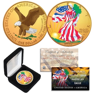24K Gold Gilded and Colorized 2025 American Silver Eagle 1 Oz .999 Pure Silver Coin w/ Box