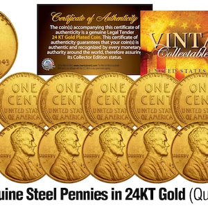 1943 Genuine Steel WWII Lincoln Wheat Penny U.S. Coin 24K GOLD Plated (QTY: 10) Steelie, Wartime Cent