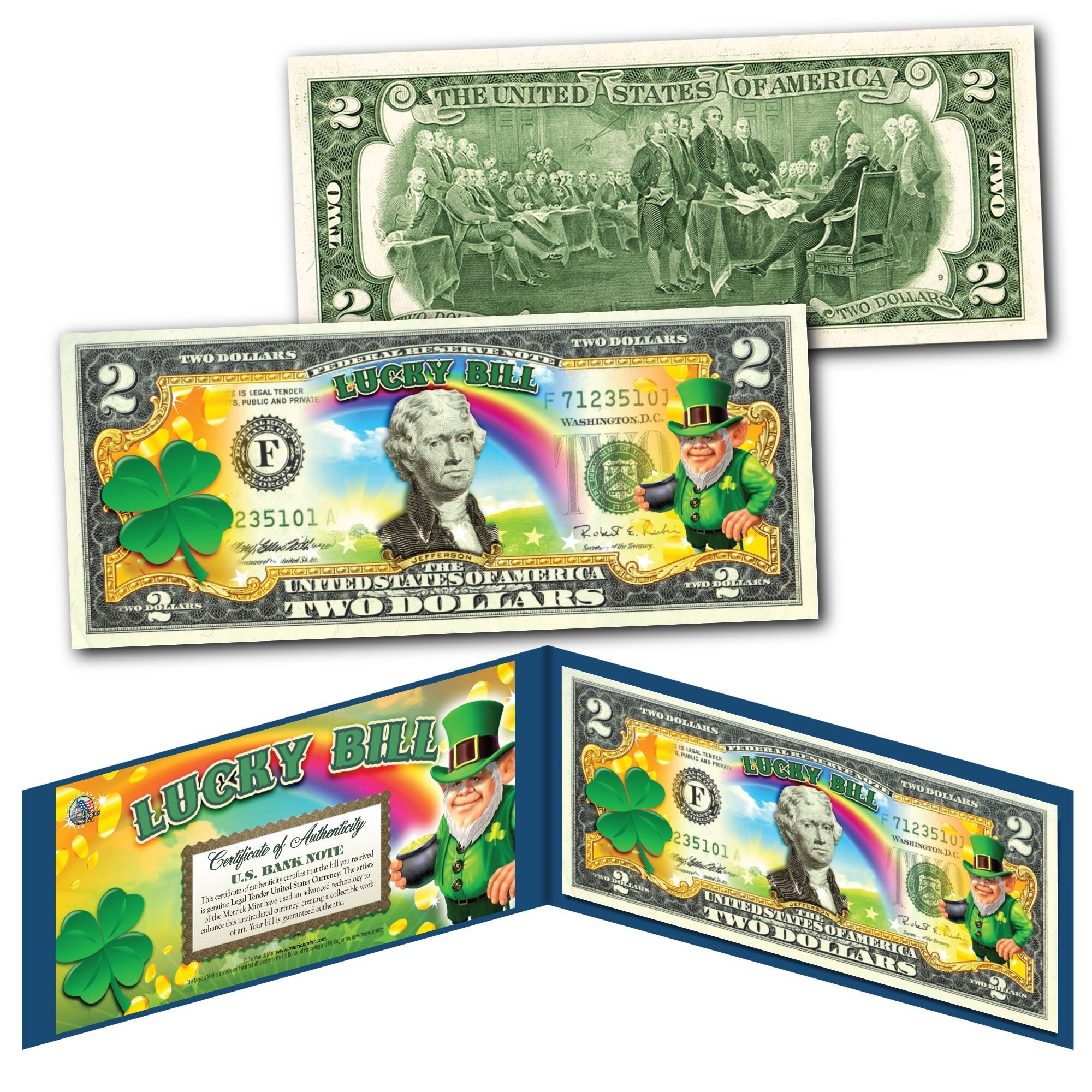 St. Patrick's Day LUCKY BILL Colorized Two Dollar Bill on 