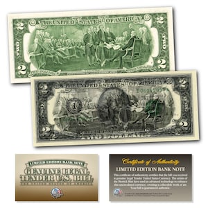 FULL BACK to FACE Offset Colorized Printing Error Overprint 2.00 Dollar Genuine U.S. Bill in Clear Sleeve