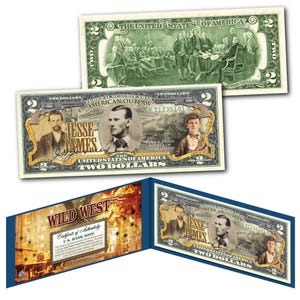 JESSE JAMES Outlaw Notorious Bank and Train Robber of Wild West- Genuine Legal Tender 2.00 Dollar Bill
