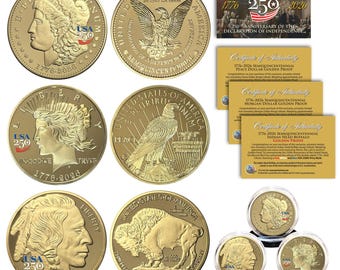 USA 250 3-Coin Set America's 250th Anniversary 1776-2026 Morgan + Peace + Buffalo 1 oz Golden Proofs