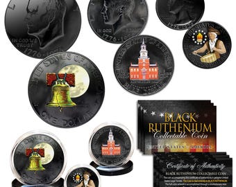 1976 Bicentennial Ruthenium and Colorized Coins JFK Half Dollar/IKE/QUARTER w/Capsules and Certificate of Authenticity