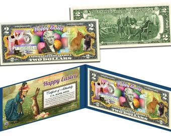 Happy EASTER * Easter Eggs & Easter Bunny* on Colorized Genuine Two 2.00 Dollar Bill - Ships Fast, Free to U.S.