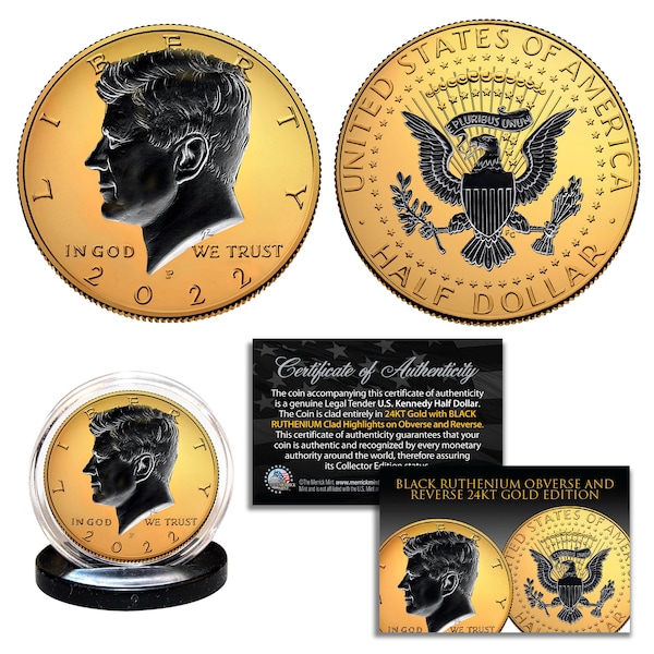 2022 Gold Plated JFK Half Dollar Coin with 2-sided Black Ruthenium Detail P or D Mint - Fast, Free Ship to U.S.