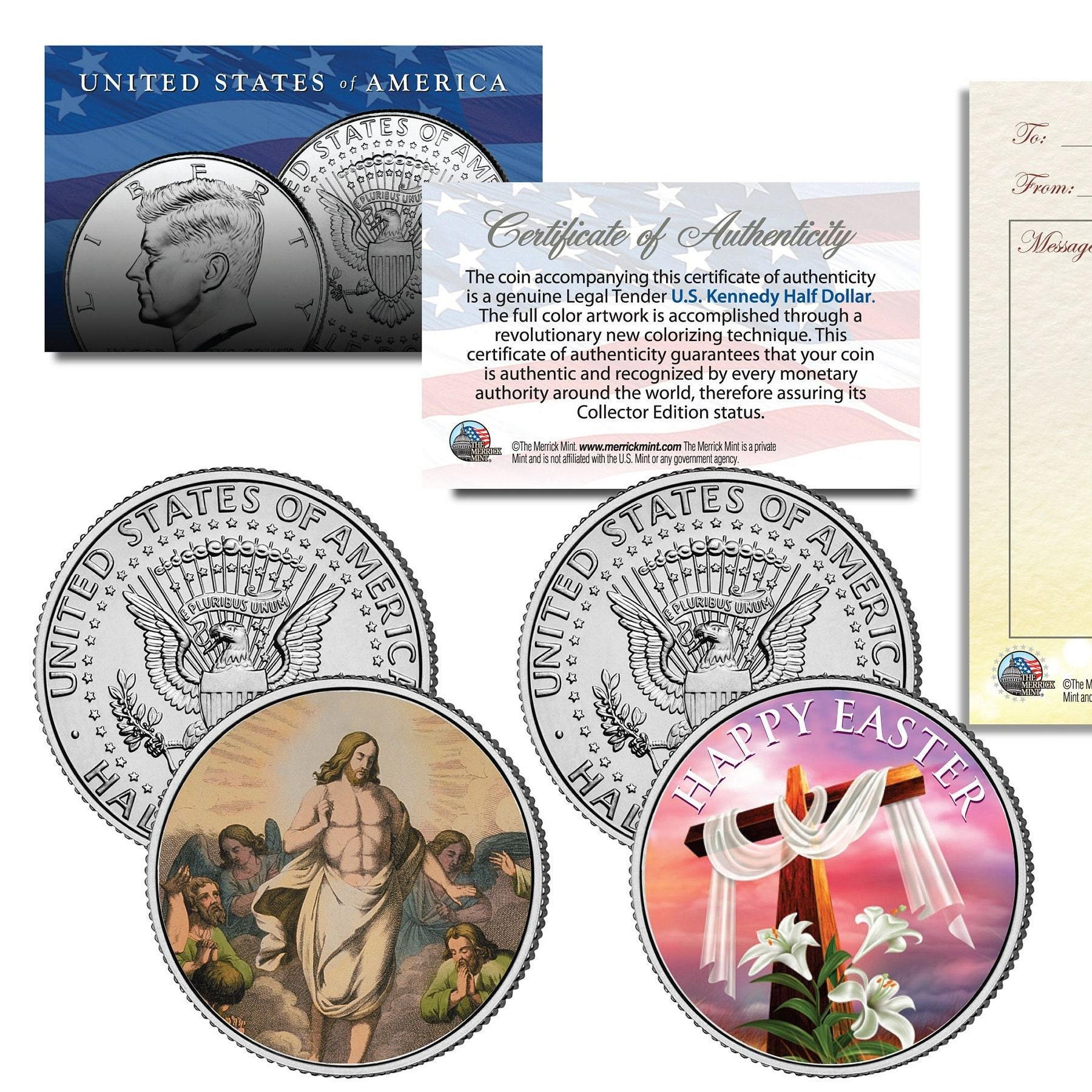 Happy Easter * Crucifix & Jesus Resurrection * John F. Kennedy Half Dollar 2 coin set w/gift card - Ships to U. S. Free and Fast