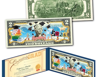2026 GRADUATION Gift Keepsake 2.00 Dollar Bill, Genuine U.S. Currency