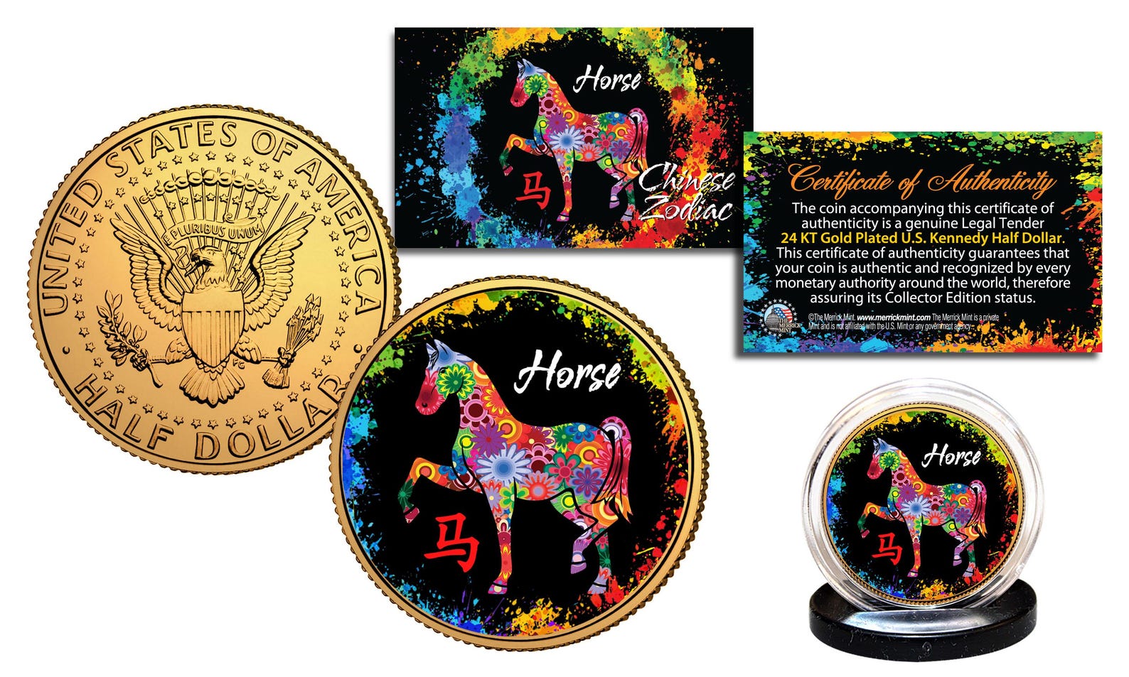 POLYCHROMATIC Edition Chinese New Year 24K Gold Plated JFK Half Dollar Coin with Stand - Choose Your Zodiac