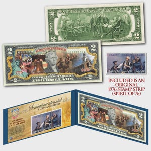 Pannello commemorativo del 250° anniversario dell'America "Spirito del 1776" con 3 francobolli originali + banconota da 2,00 dollari USA 250 del 4 luglio.