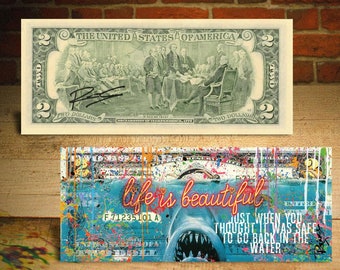 JAWS * Life is Beautiful * Pop Art Véritable billet de 2 dollars signé à la main par Rency - Expédié rapidement et gratuitement aux États-Unis