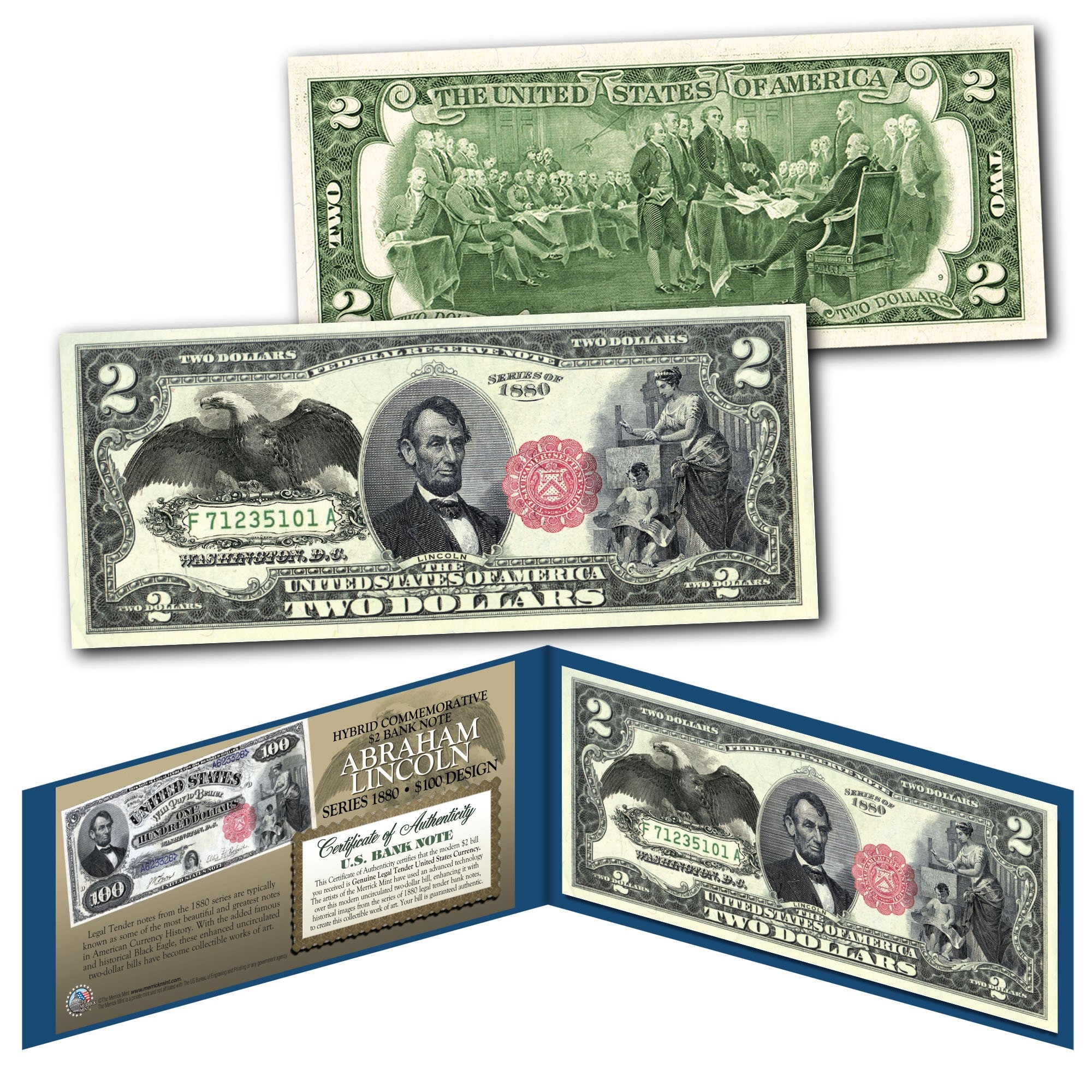 1880 Series ABRAHAM LINCOLN 100 Dollar Hybrid Commemorative Note on Modern 2 Dollar Bill
