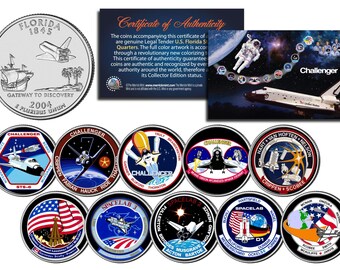 Peut inclure: Une collection de pièces de monnaie commémoratives et d'articles connexes. Les pièces présentent des motifs de navette spatiale et le texte "Challenger". Une pièce porte l'inscription "Florida 1845" et "Gateway to Discovery". Un certificat d'authenticité est également inclus.