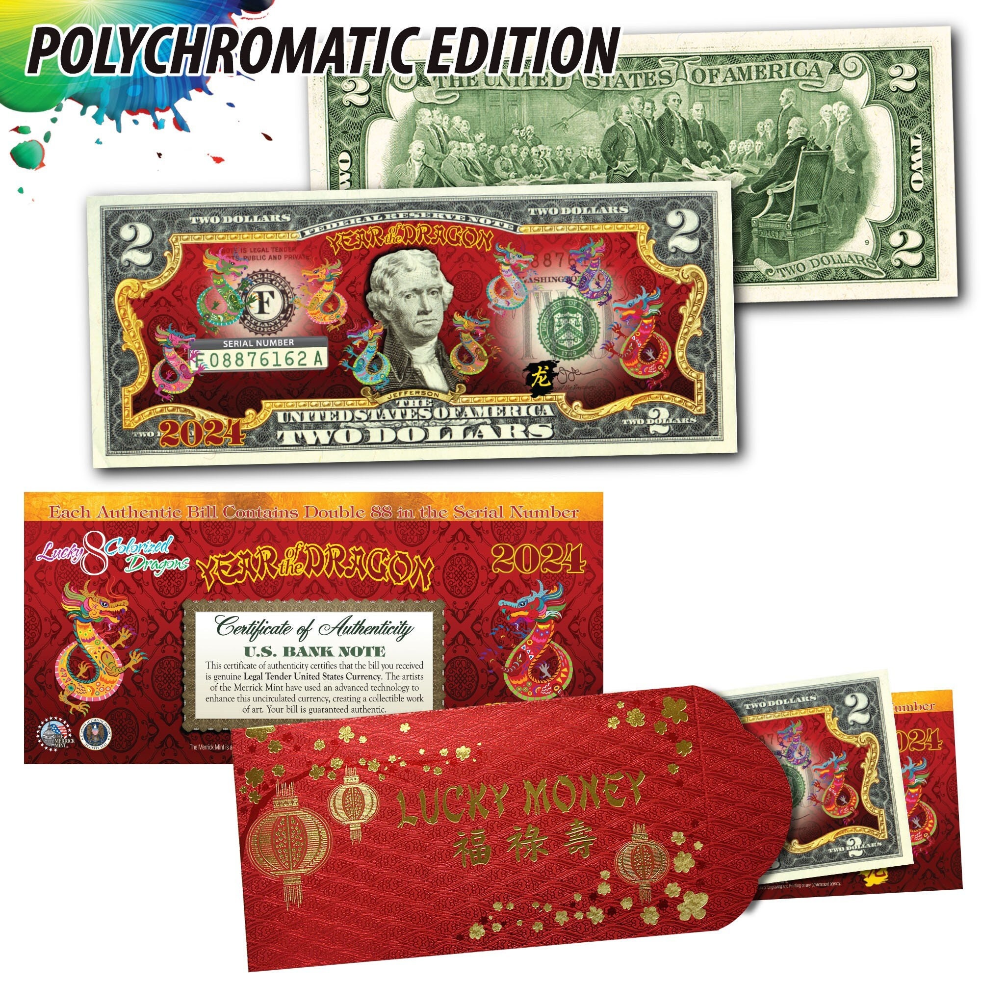 2024 年龍年中国の旧正月 - 本物の 2 ドル米国紙幣に描かれた 8 匹の多