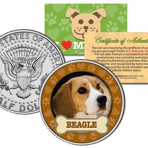 May include: A silver Kennedy Half Dollar coin next to a round coin featuring a Beagle dog portrait. A green card with a dog face and paw prints, and a certificate of authenticity are also shown.