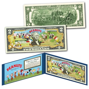 PEANUTS  * BASEBALL * with Charlie Brown and Snoopy and the Whole Gang  Colorized Two Dollar Bill Genuine US Currency