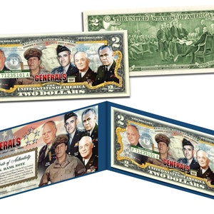 May include: A two dollar bill with a portrait of five American generals. The bill is a commemorative issue and features the text "Five Star Generals" and "United States of America Two Dollars".