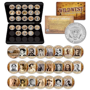 May include: A set of 25 silver-toned coins in a black case. Each coin features a different image of a famous Wild West outlaw or historical figure. The coins are arranged in rows and columns, with the names of the figures printed below each coin. The case is open, revealing the coins inside. The coins are surrounded by a black border.
