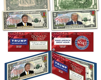 Trump Collectors Bills 1.00 Dollar and 2.00 Dollar Set with Tri-Fold Display and Dual Certificate - 45/47 President