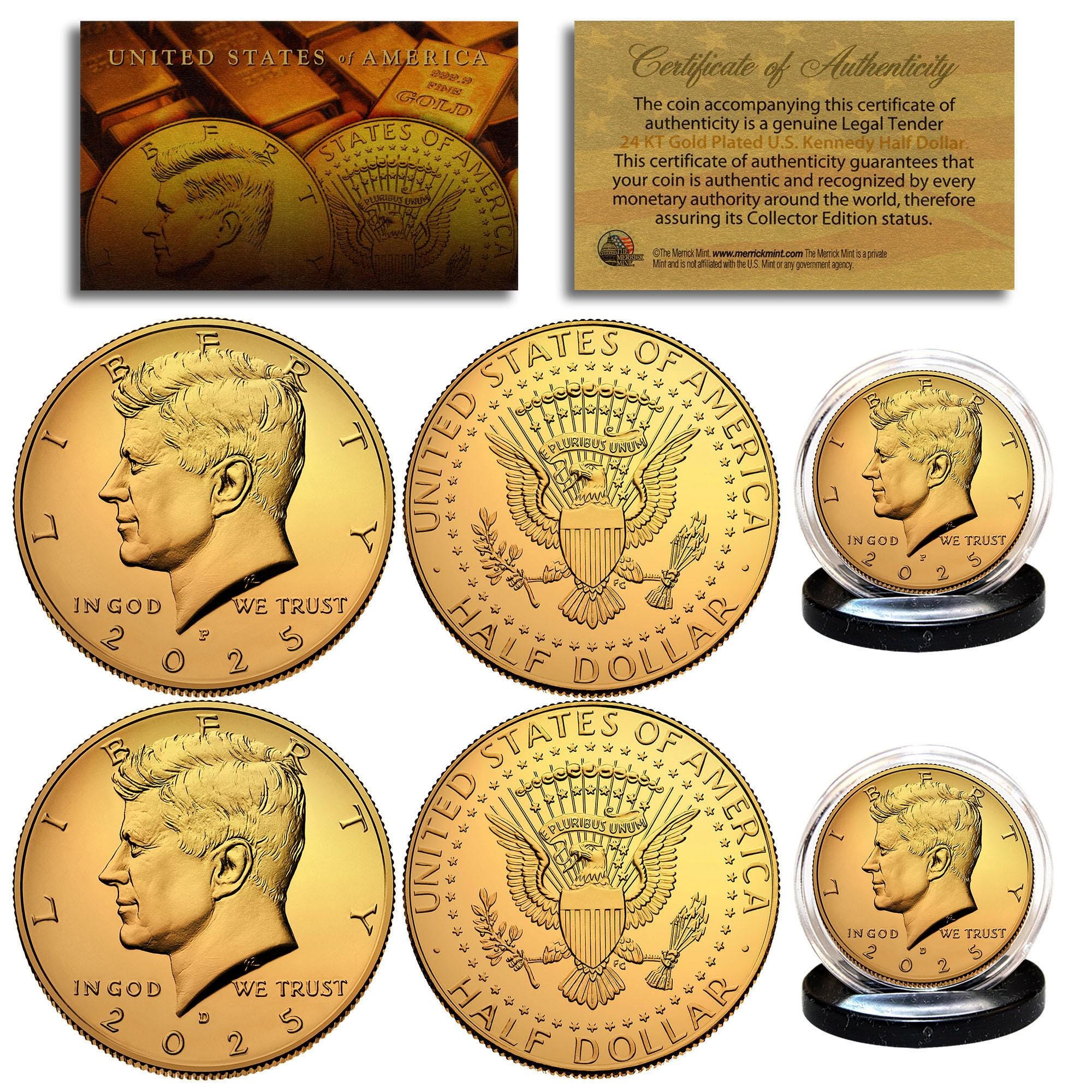 24K GOLD Plated JFK Kennedy Half Dollars 2-Coin Set P&D MINT with Certificate of Authenticity and Display Holders