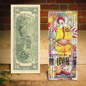 Ronald McDonald SUPERSIZE ME Pop Art Genuine 2 Dollar Bill Signed by Rency - Ships Fast. Free to US