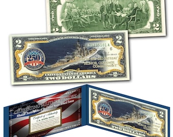 NAVY 250th ANNIVERSARY Milestones of the U.S. Armed Forces 2.00 Dollar Bill Genuine U.S. Uncirculated Currency