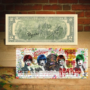 KISS THE BEATLES Baseball Fury Brooklyn The Warriors Pop Art Genuine 2 Dollar Bill Signed by Rency - Ships Fast. Free to U.S.