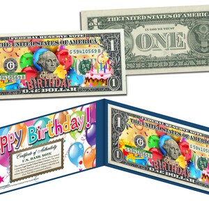 Cartão ou presente de ANIVERSÁRIO ÚNICO * Feliz Aniversário * Nota de 1,00 dólar colorida em moeda corrente legal dos EUA