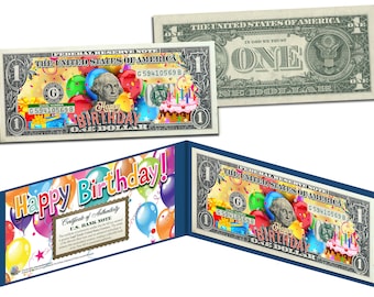 UNIQUE BIRTHDAY Card or Gift * Happy Birthday * Colorized 1.00 Dollar Bill on Genuine Legal Tender U.S. Currency
