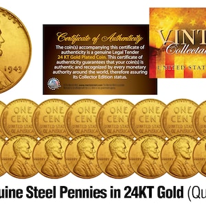 1943 Genuine Steel WWII Lincoln Wheat Penny U.S. Coin 24K GOLD Plated (QTY: 20) Steelie, Wartime Cent