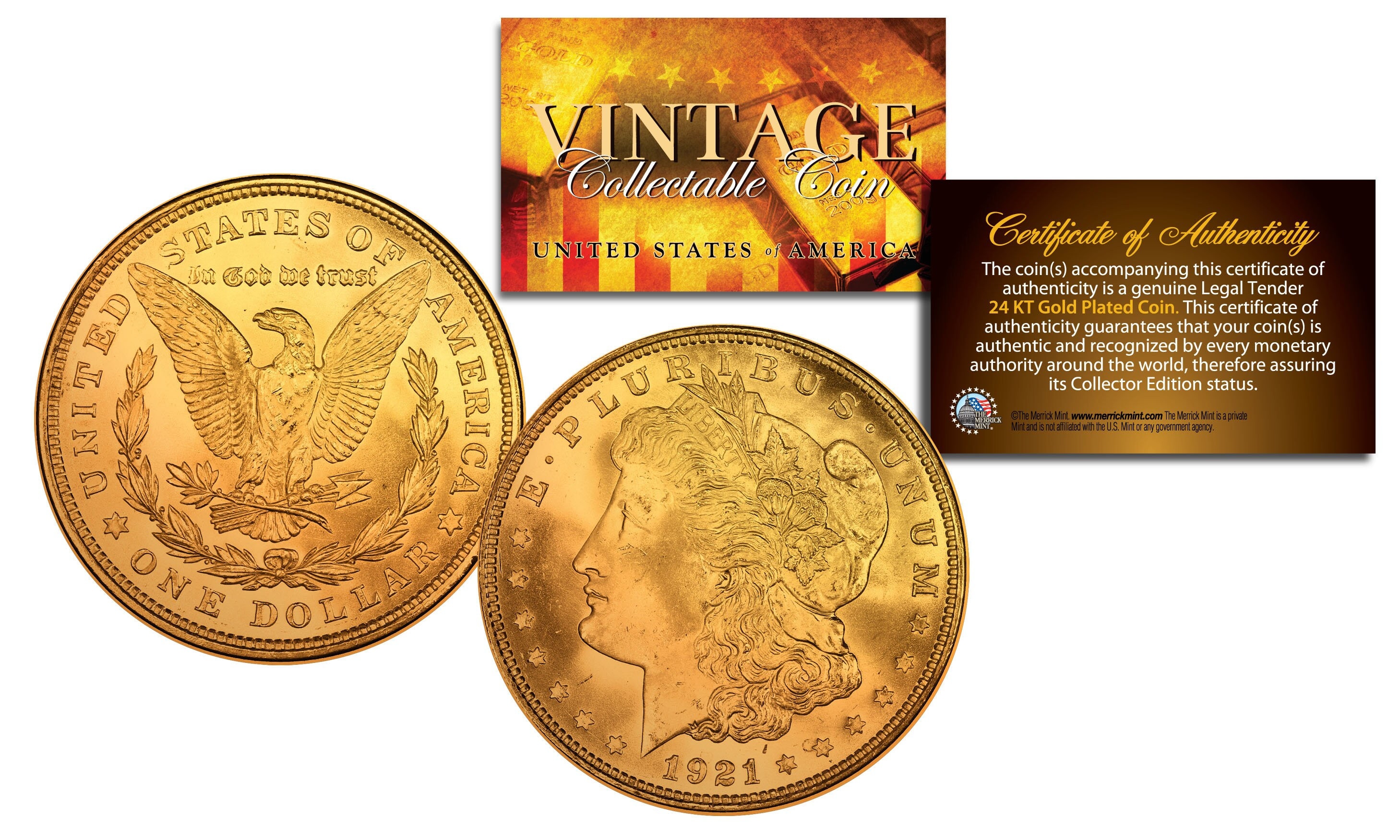 1921年 純正 AU/BU モルガン シルバー ダラー 24K 金メッキ 米国コイン