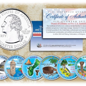 2009 DC & U.S. Territories Quarters COLORIZED * 6-Coin Set * STATEHOOD w/Capsules - Fast Free Shipping to U.S.