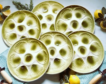 Set of Six Mid Century Oyster Plates. Scallop Pates. Shell Shaped Seafood Plates by Moulin des Loups, France. Coastal Dining. Coastal Home.