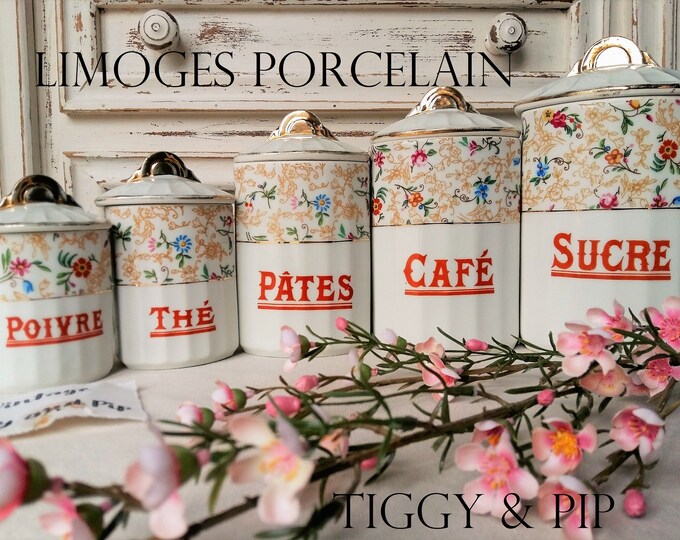 Rare Set of French Limoges Porcelain Kitchen Canisters. 1950's
