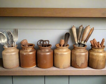 Six Vintage Stoneware Crocks. Loose Herb Apothecary Jar. Rustic Jars.