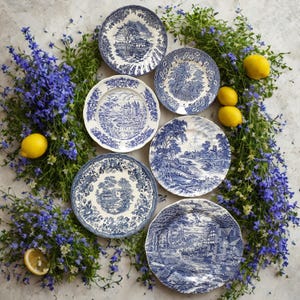 SIX Mix and Match Blue and White Plates. Blue & White Transferware. Mismatched Blue and White Vintage China. Layered Table Styling