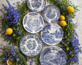 Mismatched Blue & White Transferware Plates: Vintage English Porcelain Set