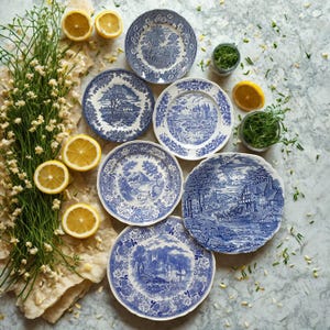 SIX Mix and Match Blue and White Plates. Blue & White Transferware. Mismatched Blue and White Vintage China. Layered Table Styling