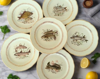 Ensemble de six assiettes à poisson des années 1950. ensemble d'assiettes à poisson vintage françaises. Service de vaisselle poisson.