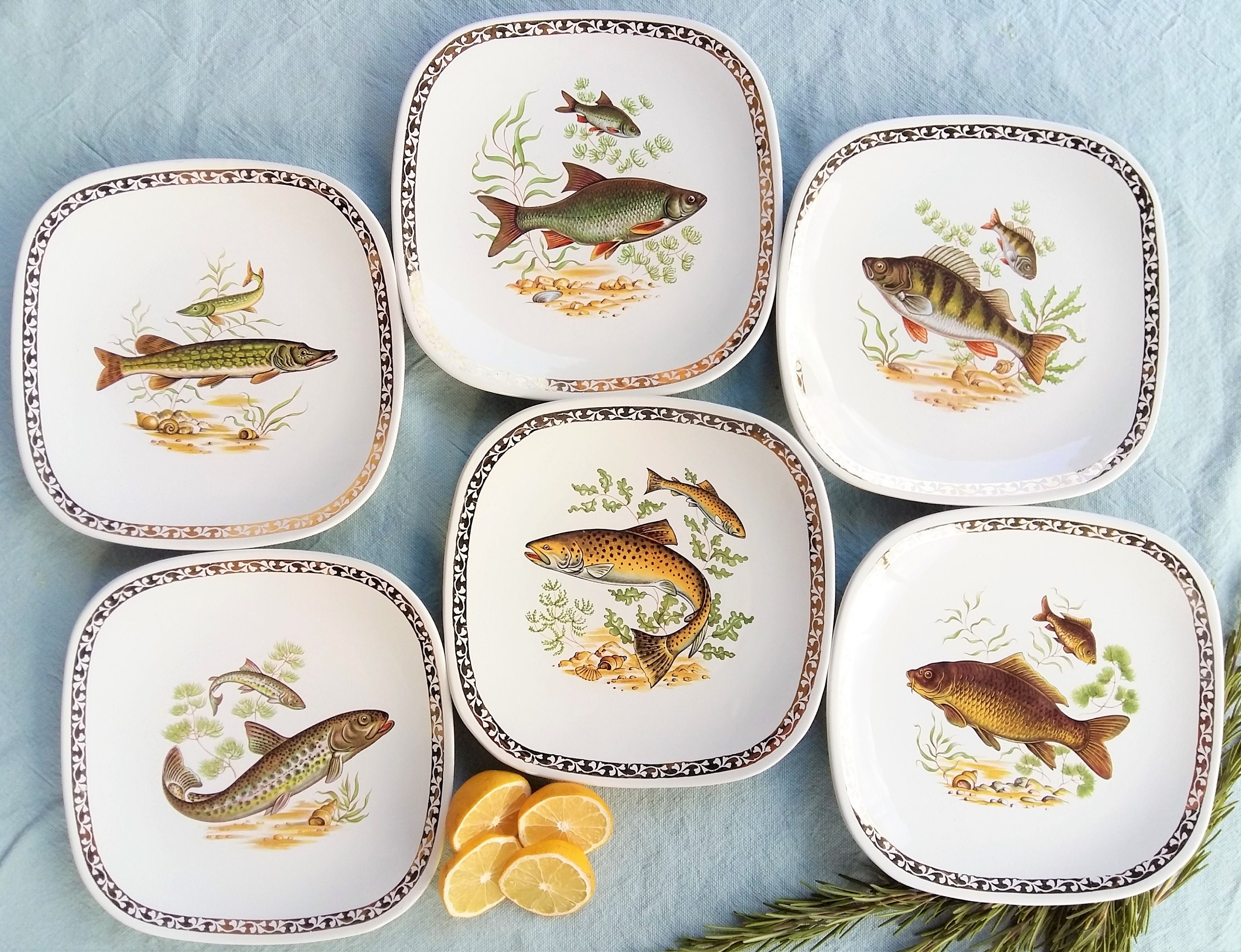 Ensemble de Six Assiettes Poisson. Français Ensemble d'assiettes Poisson