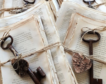 Antique French Book Pages Bundle with Iron Key - Ephemera for Journaling