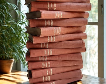 Rare 1800s French Book Collection: Red Marbled Antique Library Decor